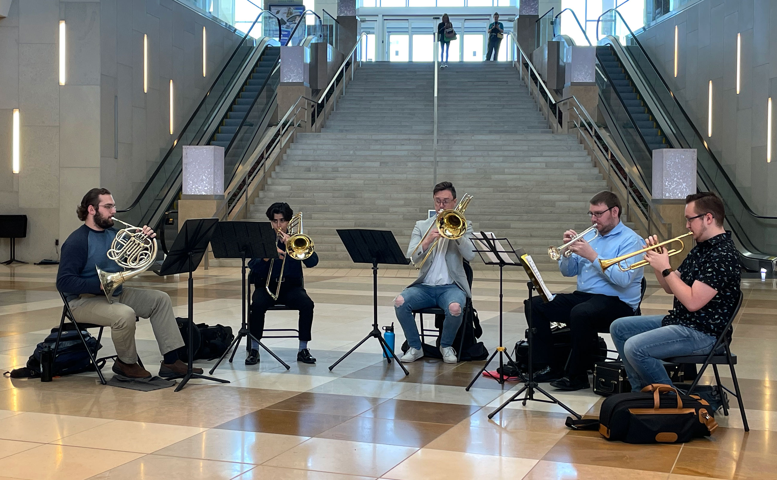 brass ensemble practicing in the newly opened Horizon Hall