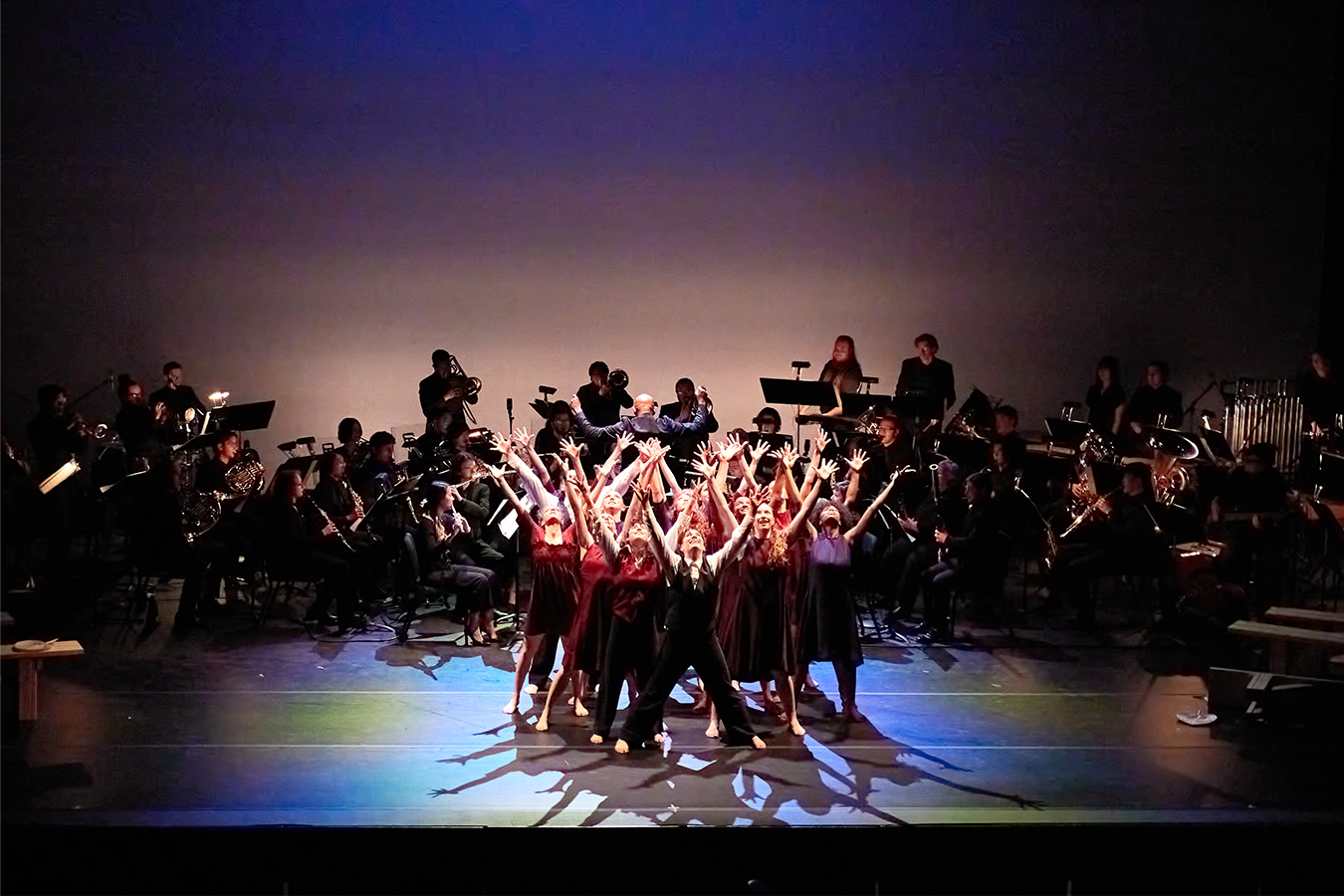 Mason School of Dance students pose center stage during the performance of Omar Thomas's "Come Sunday" with the Mason Wind Symphony on February 28 in the Center for the Arts. Photo by Will Martinez